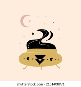Witch cauldron. Magic poster. Boho esoteric and celestial print. Hand drawn doodle magician emblem. Perfect for tarot covers, textile, card and sticker vector isolated set