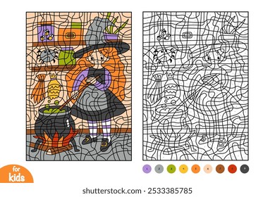 Witch and cauldron with magic potion. Color by number, education game for children