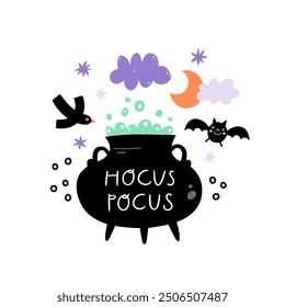 Witch Cauldron With Magic Potion. Handwritten Hocus Pocus Inscription. Vector illustration