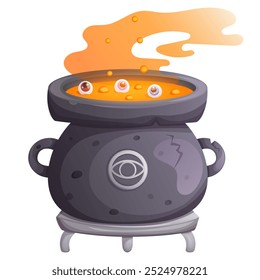 Witch cauldron with magic potion on the stove. Halloween wizard pot