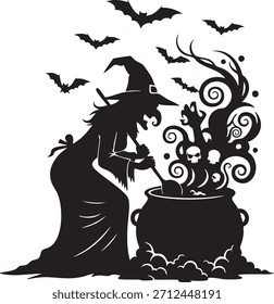 Escena mágica del Smoke del caldero de la bruja – ilustración espeluznante de la poción de Halloween, Vector místico del caldero que hierve