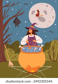 Witch cauldron in night forest Halloween spooky scene with woman and spooky woman cooking potion in pot with bones. Wizard with magic potion boiling under full moon in dark wood with creepy tree