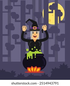 Bruxa com um Caldeirão na Floresta do Tempo Noturno no Halloween. Vetor de conceito de feriado sazonal internacional
