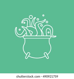 Witch Cauldron With Octopus Halloween Concept Line Icon On Green Background