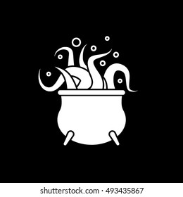 Witch Cauldron With Octopus Halloween Concept Flat Icon On Black Background