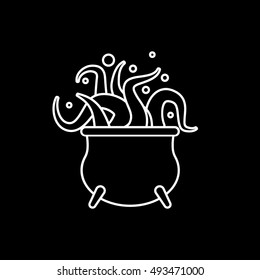 Witch Cauldron With Octopus Halloween Concept Line Icon On Black Background