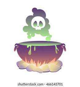 Witch cauldron on the fire with boiling green poison liquor and scull silhouette in steam. Cartoon vector illustration