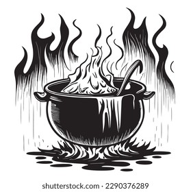 Witch cauldron on firein forest hand drawn sketch Halloween Vector illustration