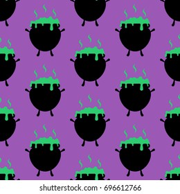 Witch Cauldron pattern on the purple background. Vector illustration