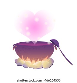 Witch cauldron with pink boiling love potion on the fire. With ladle and  steam in heart form