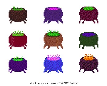 Witch cauldron in pixel art style. Halloween witch cauldron in 8-bit 90s video game style in 2D. A cauldron for brewing potions. Design for applications, banners and posters. Vector illustration