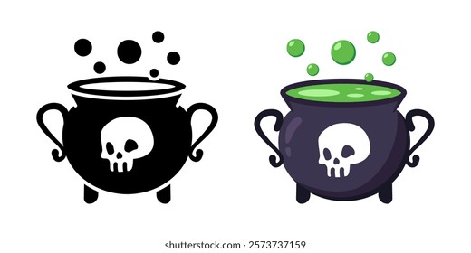 Witch cauldron with poison icon. Halloween pot with death skull and boiling poison vector illustration. Horror cauldron cartoon art. Witchcraft symbol. Magic spell cooking sign. Mystery boiler concept