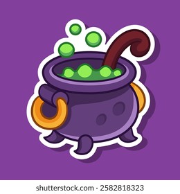 Witch cauldron with a potion cartoon illustration sticker. Vector Halloween decoration element. Halloween-themed element