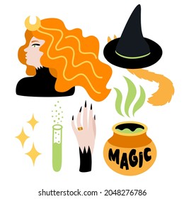 Witch, cauldron, potion, cat under hat, magic vector collection of objects