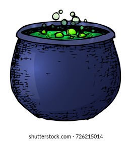 Witch cauldron with potion, colorful scary Halloween sketch illustration. Vector