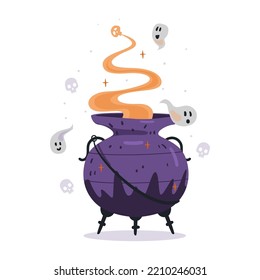 Witch cauldron with potion and ghosts flying around vector illustration isolated on white.