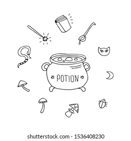 Witch cauldron with potion and ingredients. Halloween vector illustration. Hand drawn style. Design elements for poster, greeting card, banner, leaflet.