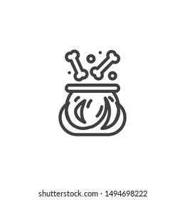 Witch cauldron potion line icon. linear style sign for mobile concept and web design. Boiling pot with human bones outline vector icon. Symbol, logo illustration. Vector graphics