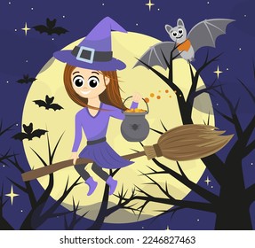 Witch with cauldron of potion on broom. Full moon. Cheerful witch is flying on broom. Halloween. Cartoon, flat. Isolated vector illustration eps 10