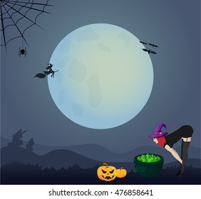 witch with cauldron and pumpkins on the background of the moon