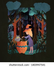 Witch with a cauldron in scary night forest. Fairy tale book cover or Halloween poster template