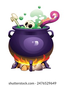 Witch cauldron with skull, bone, and tentacle in green bubbling potion over a fire. Vector cartoon illustration isolated on white background