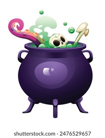 Witch cauldron with skull, bone, and tentacle in green bubbling potion. Vector cartoon illustration isolated on white background