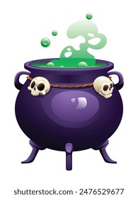 Witch cauldron with skulls and green bubbling potion. Vector cartoon illustration isolated on white background