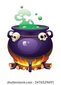 Witch cauldron with skulls and green bubbling potion over a fire. Vector cartoon illustration isolated on white background