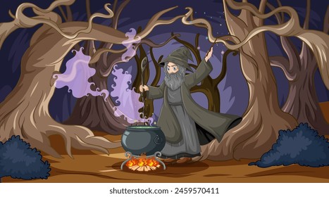Witch with cauldron in a spooky enchanted forest