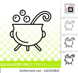 Witch cauldron thin line icon. Outline sign of wizard pot. Halloween linear pictogram with different stroke width. Simple vector transparent symbol. Witch cauldron editable stroke icon without fill