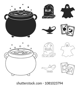 A witch cauldron, a tombstone, a ghost, a gin lamp.Black and white magic set collection icons in black,outline style vector symbol stock illustration web.