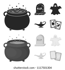 A witch cauldron, a tombstone, a ghost, a gin lamp.Black and white magic set collection icons in black,monochrome style vector symbol stock illustration web.