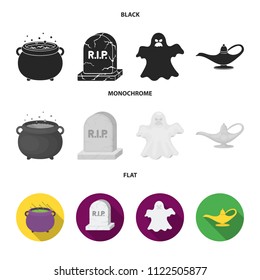 A witch cauldron, a tombstone, a ghost, a gin lamp.Black and white magic set collection icons in black, flat, monochrome style vector symbol stock illustration web.