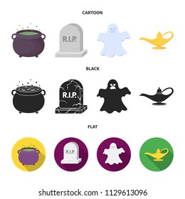 A witch cauldron, a tombstone, a ghost, a gin lamp.Black and white magic set collection icons in cartoon,black,flat style vector symbol stock illustration web.
