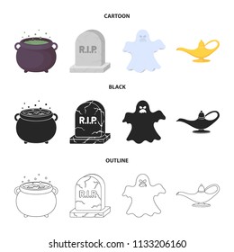 A witch cauldron, a tombstone, a ghost, a gin lamp.Black and white magic set collection icons in cartoon,black,outline style vector symbol stock illustration web.