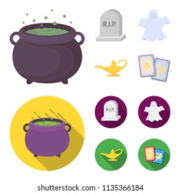 A witch cauldron, a tombstone, a ghost, a gin lamp.Black and white magic set collection icons in cartoon,flat style vector symbol stock illustration web.