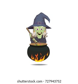Witch with cauldron Vector Cartoon illustration