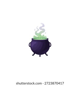 Witch cauldron vector. Creepy with green potion. Boiling liquid. Magic pot with smoke. White