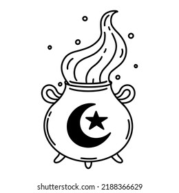 Witch cauldron vector icon. Boiler with handles, decorated with magic symbols - crescent, star. Black outline, simple doodle isolated on white. Potion with steam, bubbles. Sketch for web, logo, apps