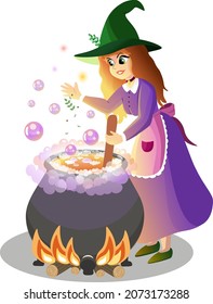 The witch and the cauldron vector illustration. Cartoon style. 