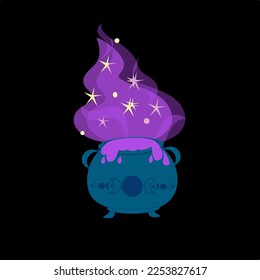 Witch cauldron. Vector magic pot with a purple potion.  