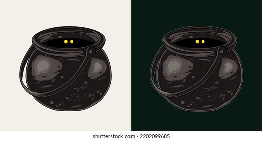 Witch cauldron in vintage style. Old cast iron scratched pot. Traditional halloween design element on black, white background. Vector detailed illustration
