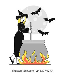 Witch with cauldron. Woman in dark cloak and hat brews potion. Magic and sorcery, witchcraft. Young girl with black bats. Linear flat vector illustration isolated on white background