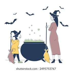 Bruja con caldero. Mujer y niña en sombreros de bruja cerca de caldero. Magia y hechicería, brujería. Familia haciendo poción. Escena de Halloween. Ilustración vectorial lineal aislada sobre fondo blanco