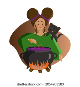 Witch with cauldrones wearing a  green dress with black cat and magic potions. Cartoon vector illustration