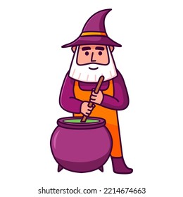 Witch cauldron.Halloween magic pot with green potion.Gnome magical character with a long gray beard.Cartoon wizard.Elderly sorcerer brew .Halloween dwarf.Vector flat illustration.