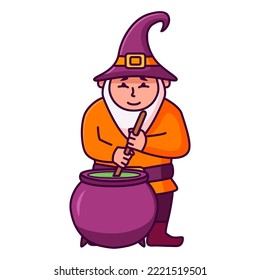 Witch cauldron.Halloween magic pot with green potion.Gnome magical character with a long gray beard.Cartoon wizard.Elderly sorcerer brew .Halloween dwarf.Vector flat illustration.