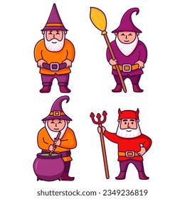 Witch cauldron.Halloween magic pot with green potion.Set gnome magical character with a long gray beard.Cartoon wizard.Elderly sorcerer brew .Halloween dwarf.Vector flat illustration.