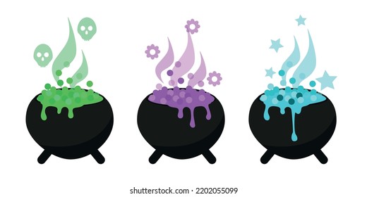 Witch cauldrons with boiling magic potion and colored smoke. Old boiler for cooking. Vector cartoon illustration